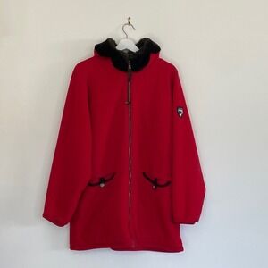Obermeyer Vintage Red Fleece Hooded Parka Jacket Faux Fur Trim Womens Large